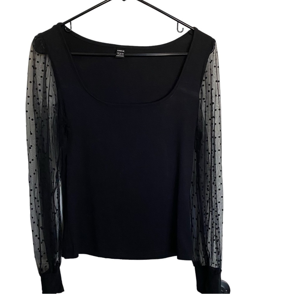 Black Polka dot see through long sleeve top size large